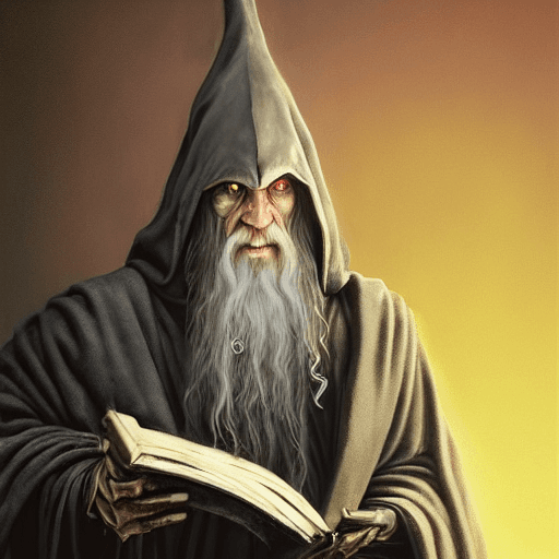 AI generated: painting of gandalf as a cloaked tech priest holding a book, adeptus mechanicus, cybernetic enhancem...
