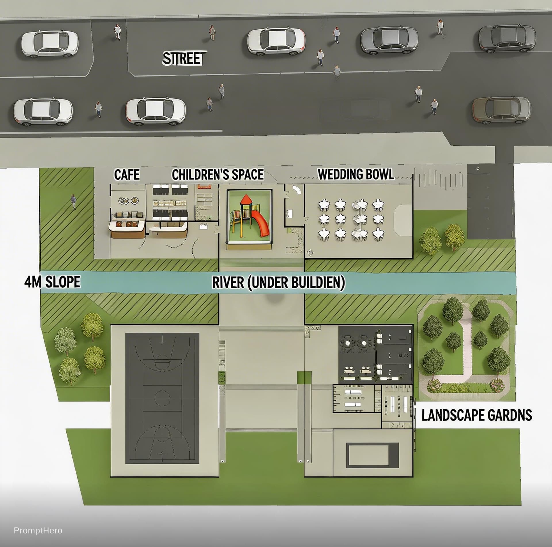AI generated: architectural floor plan of a community center building, with a river going under it and a slope of ...
