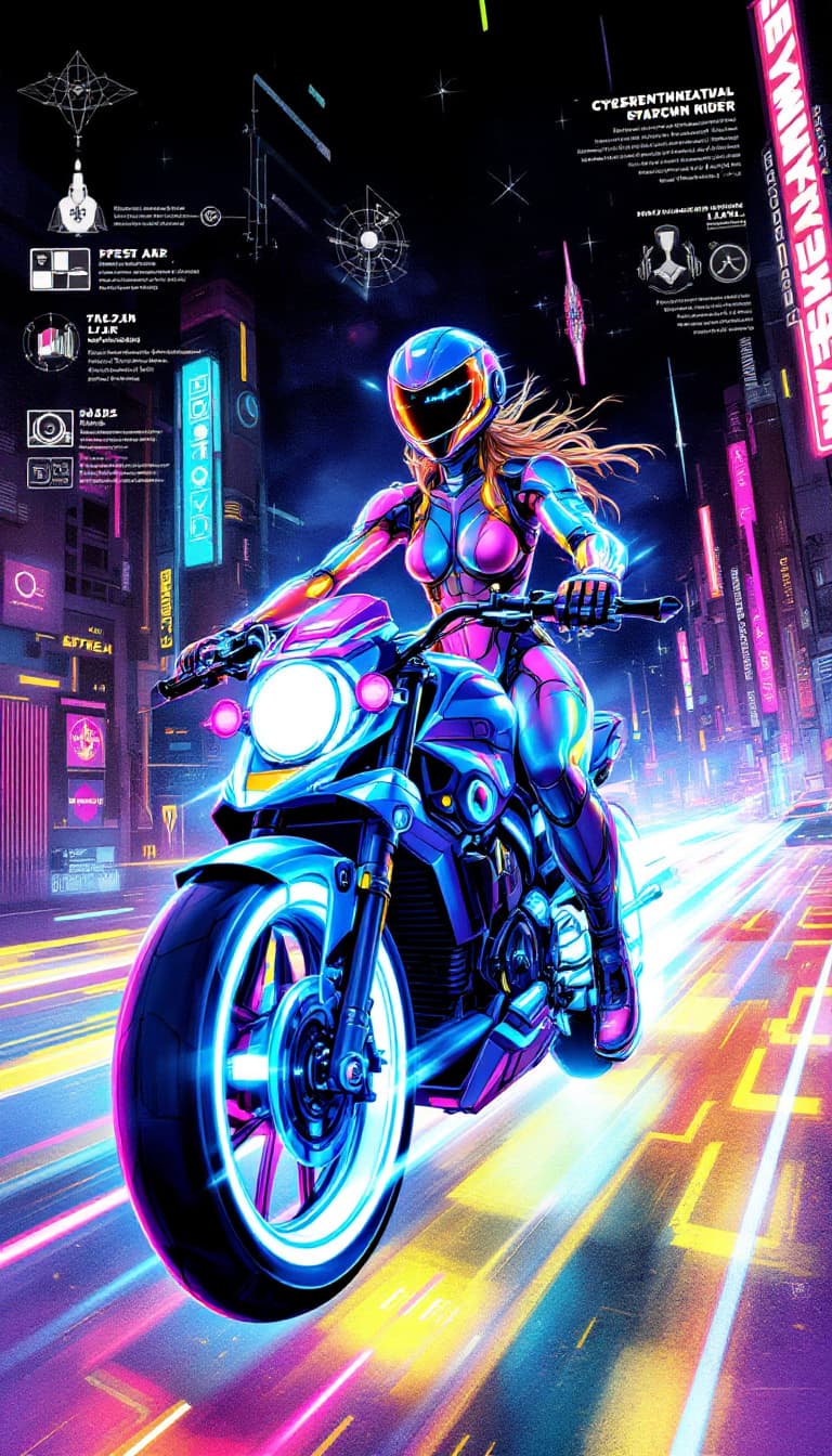 AI generated: Conceptual design: Cybernetic Synthwave Rider from the Neon Nomads. This dynamic graffiti-punk digit...
