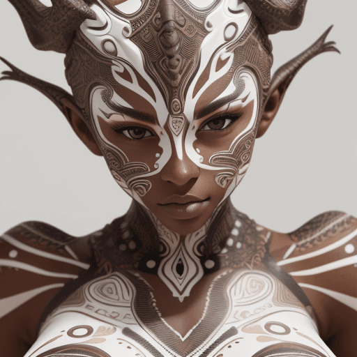 AI generated: intricate closeup shot, masterpiece, skin-tight body, tribal-suit, white-accent, detailed face featu...