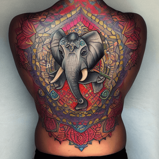 AI generated: TATTOO COLORED ON THE BACK, ELEPHANT, ARMOR, PERSIA, MONEY, LUCK,