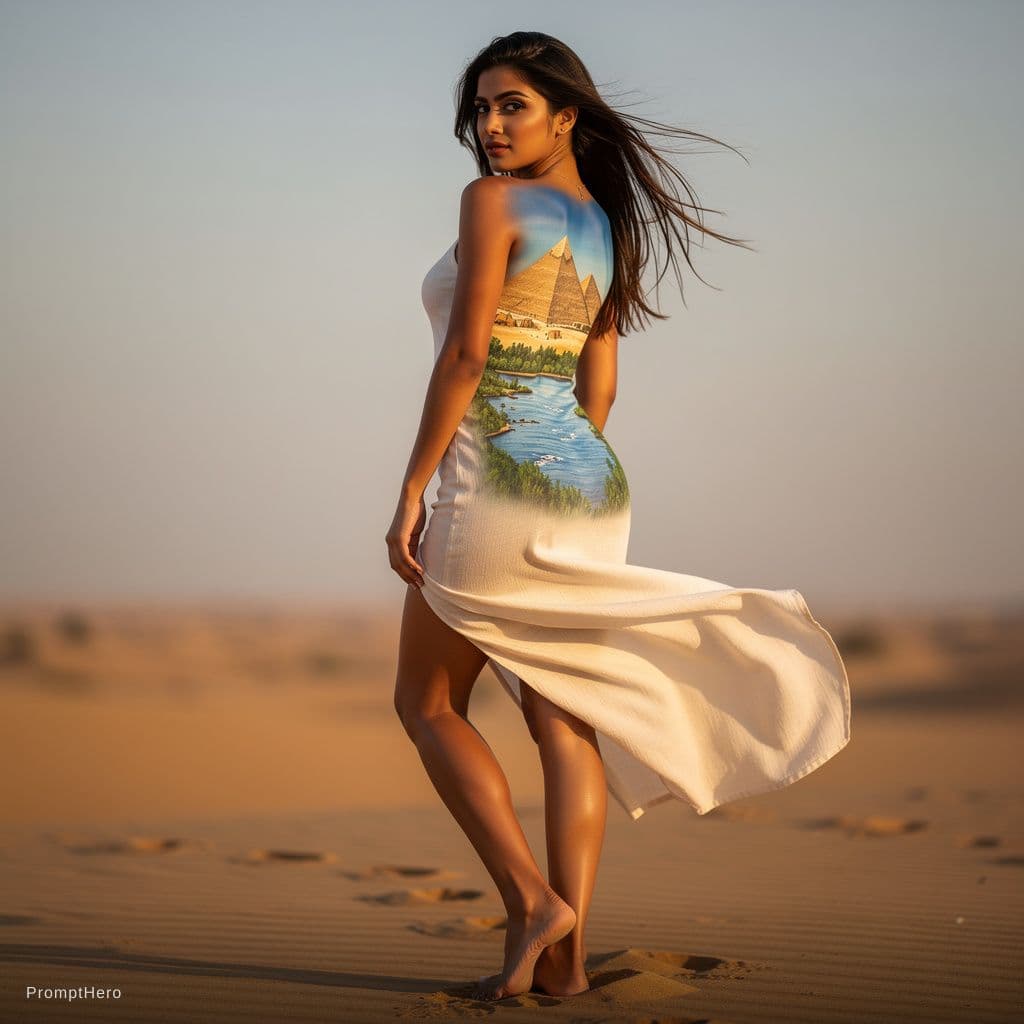 AI generated: with the pyramids and the nil valley on her backsaw full body view hot egyptian girl,  barefoot, sho...