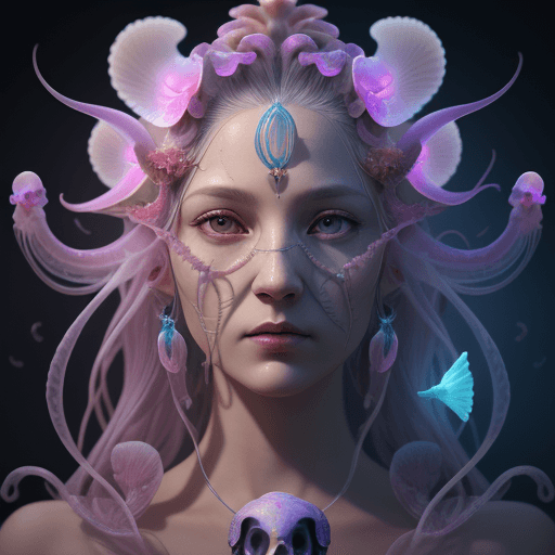 AI generated: Goddess close-up portrait ribcagel. jellyfish phoenix head, nautilus, orchid, skull, betta fish, bio...