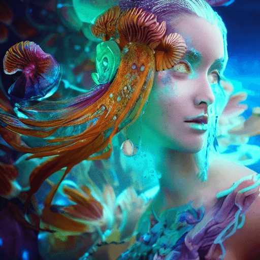 AI generated: goddess close-up portrait ribcagel. jellyfish phoenix head, nautilus, orchid, skull, betta fish, bio...