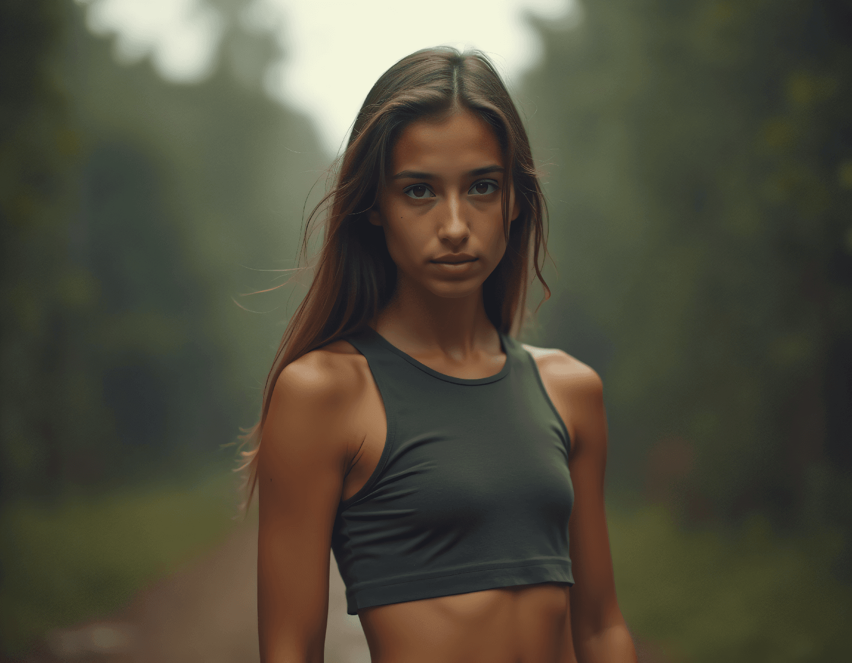 AI generated: Young fit woman with toned abs in protective crop top leading community defense against corporate se...