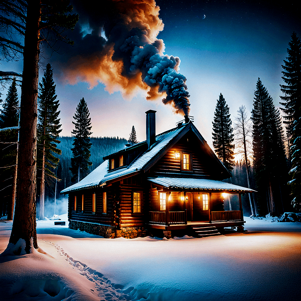 AI generated:  A cozy log cabin in a snowy forest during the winter, smoke rising from the chimney and the aurora ...
