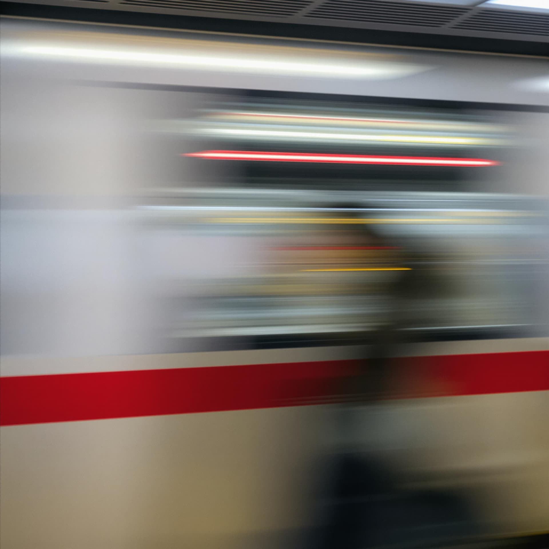 AI generated: conceputal image, commercial, rapid red line theme, wide shot, passing by woman blurring, simplify -...