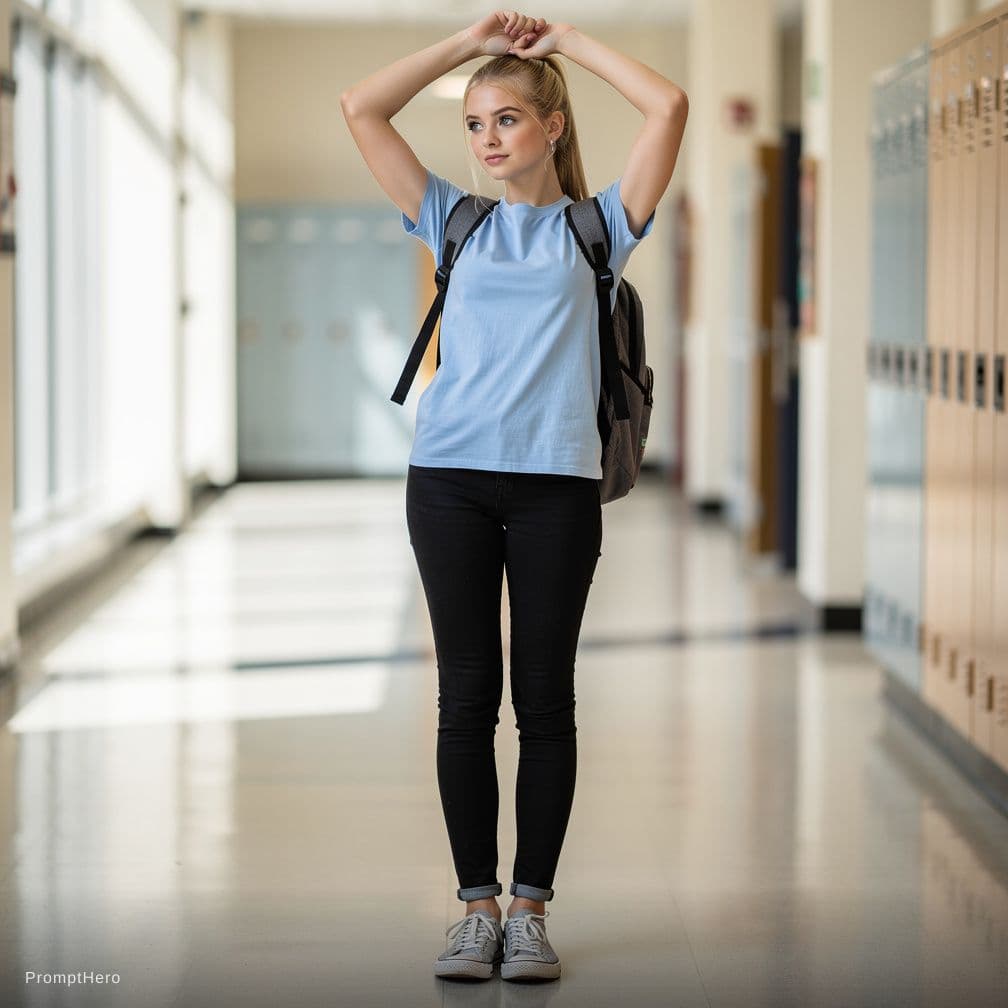 AI generated: A college girl of 18 years old with blonde hair and light green eyes wearing plain light blue colour...