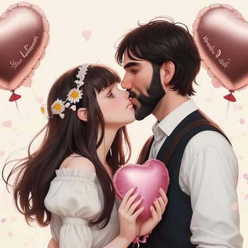 AI generated: illustration of a Valentine's Day, a couple kissing under heart-shaped balloons, surrounded by white...