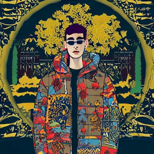 AI generated: a man wearing a oversized puffer jacket, print inspired by the garden of earthy delights painting, i...