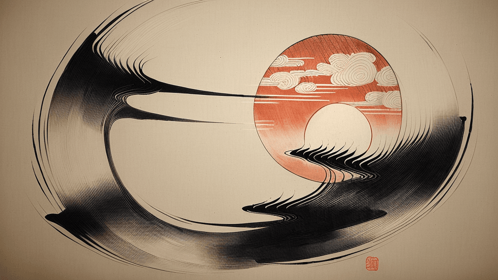 AI generated: Japanese ink drawing, in the style of samurai legends, intricate brushwork, setting sun --ar 71:128