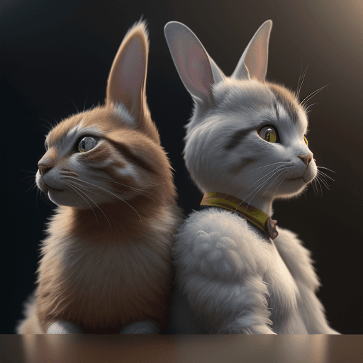 AI generated: . cinematic, hyper realism, high detail, octane render, 8k  two cats with a rabbit with a parrot and...