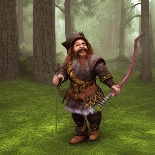 AI generated: photorealistic, full figure, smiling dwarf dressed as a necromancer with a staff in his hand, walks ...