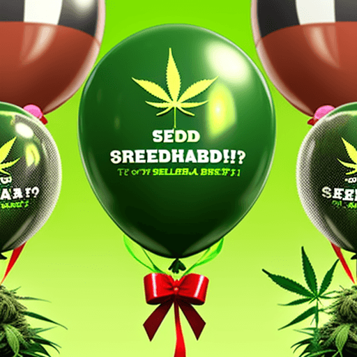 AI generated: contest for seedshop, seeds for cannabis, ballons, 5 year anniversary, text: gewinnspiel
