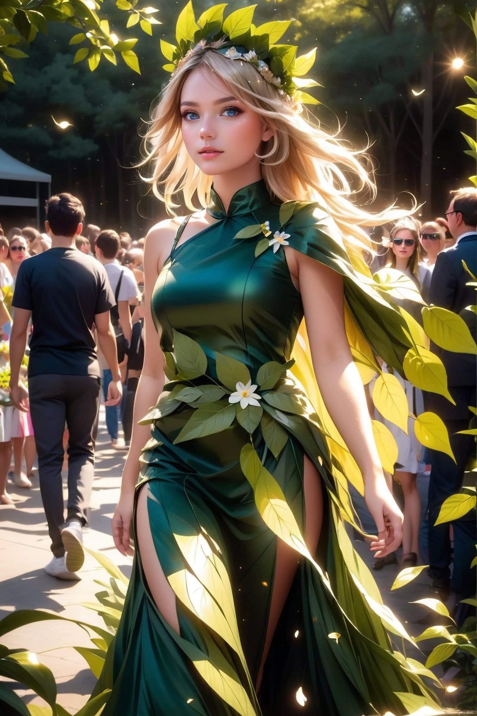 AI generated: Candid shot of a pretty young blonde activist, who is wearing a dress made of leaves, in the midst o...