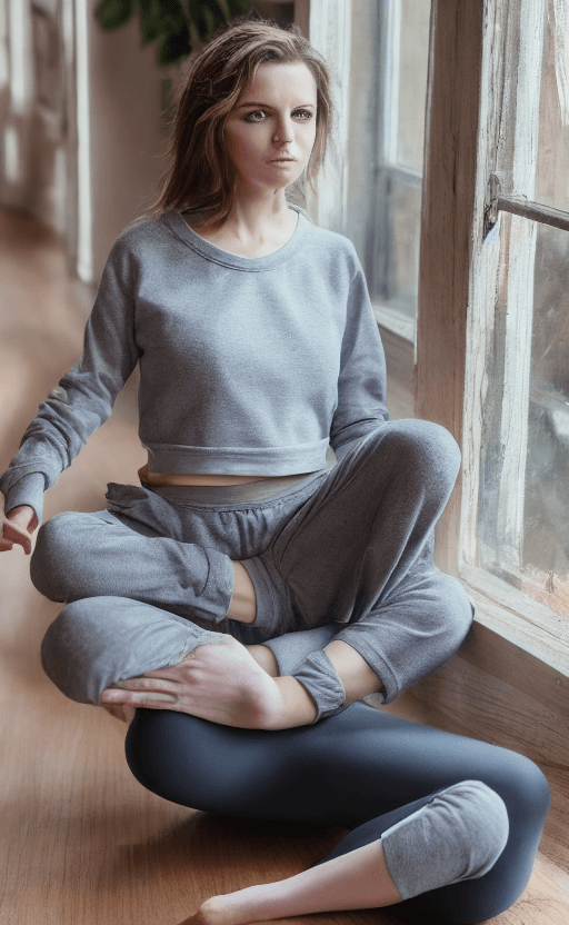 AI generated: brunette girl, medium portrait, quizzical look, messy hair, loose fitting draw string sweat pants, m...
