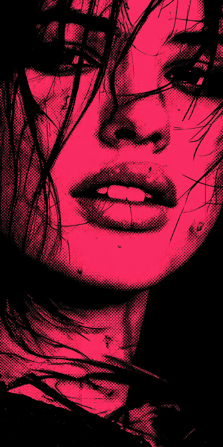 AI generated: An album cover featuring a woman's face in the style of pink halftone, high contrast against a black...