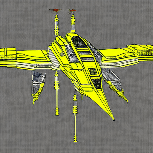 AI generated: Space-based spaceship, x-wing, realistic, engineering blueprint, line drawing, no background, yellow...