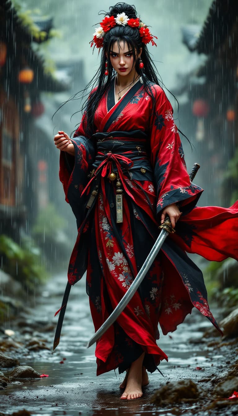 AI generated: Full body view of a fierce samurai woman of Japanese descent in a flowing red and black kimono, her ...