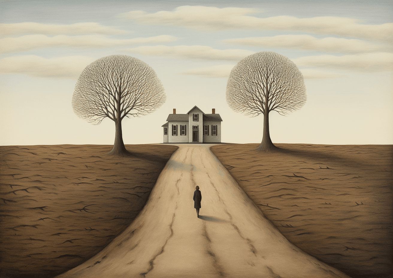 AI generated: an oil painting of a woman walking to a house with trees, in the style of gertrude abercrombie, revi...