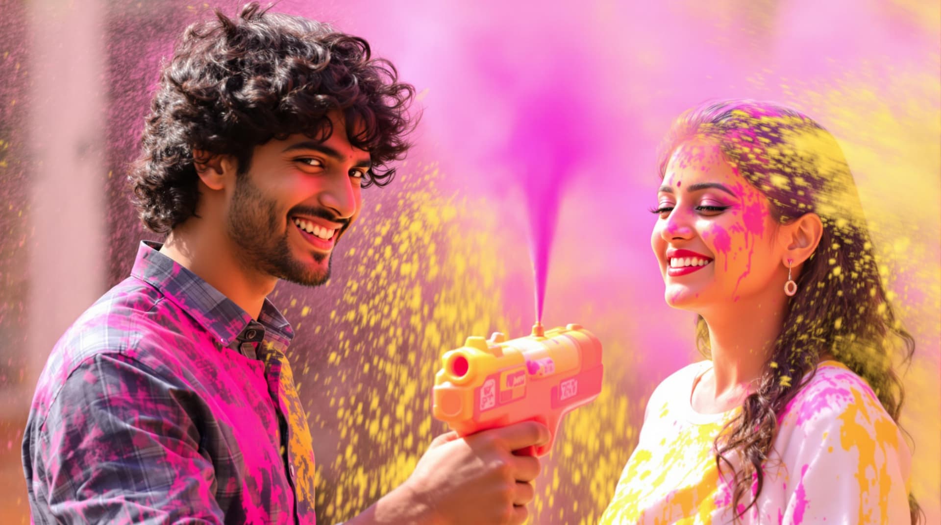 AI generated: ➡️ A young Indian man with curly hair, smiling mischievously, holding a water gun (pichkari) filled ...