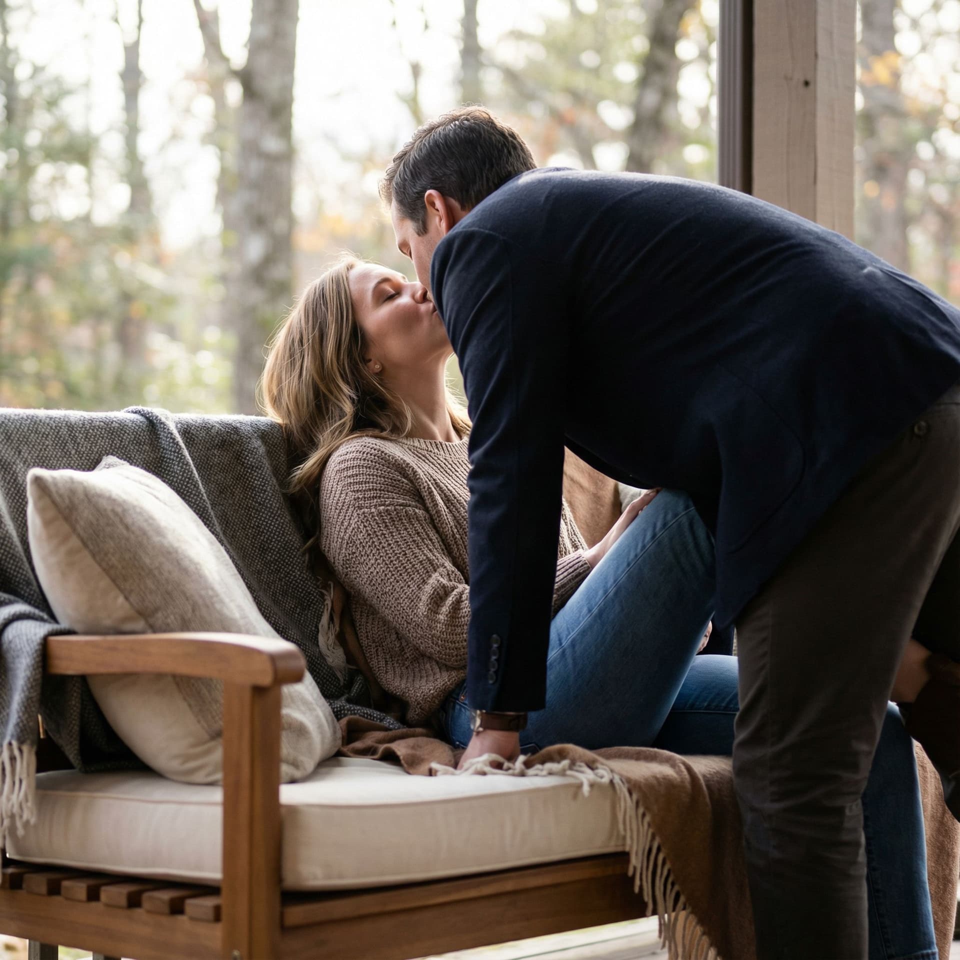 AI generated: Full body shot. Both lay on a cozy bench , extreme french kissing,l. Woman leans back and man starts...