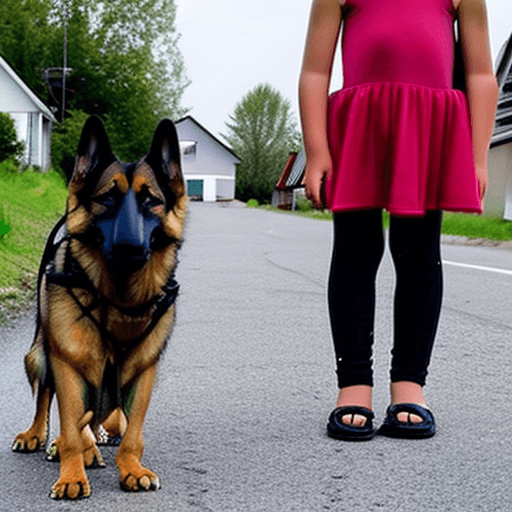 AI generated: An fierce-looking adult german shepherd dog stands on the street of a small rural town. A two-year o...