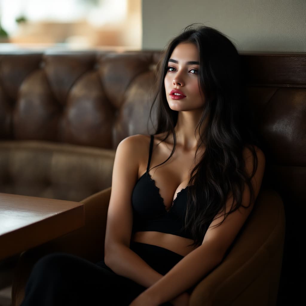 AI generated: arafed woman sitting in a chair in a restaurant wearing a black top, aestheticism, tachisme, inspire...