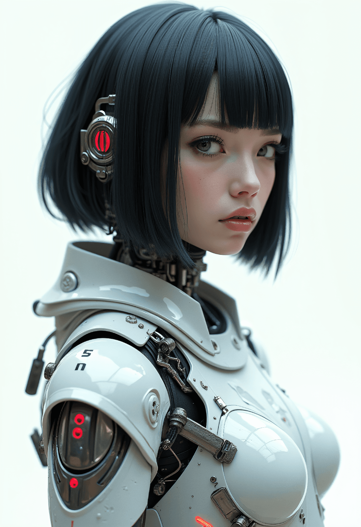 AI generated: Hyperdetailed cyborg half body shot, feminine android with glossy white porcelain skin, sleek black ...