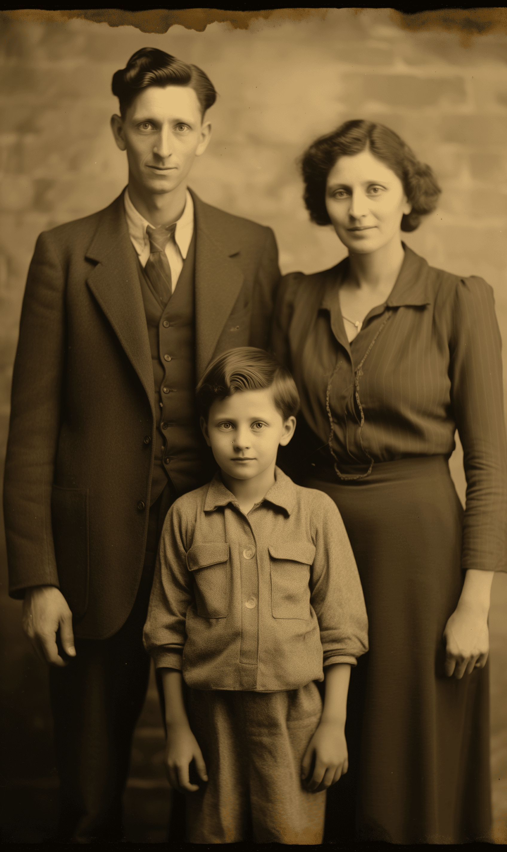 AI generated: Vintage photo of an average family from the late 1930s, mom and dad with their son standing next to ...