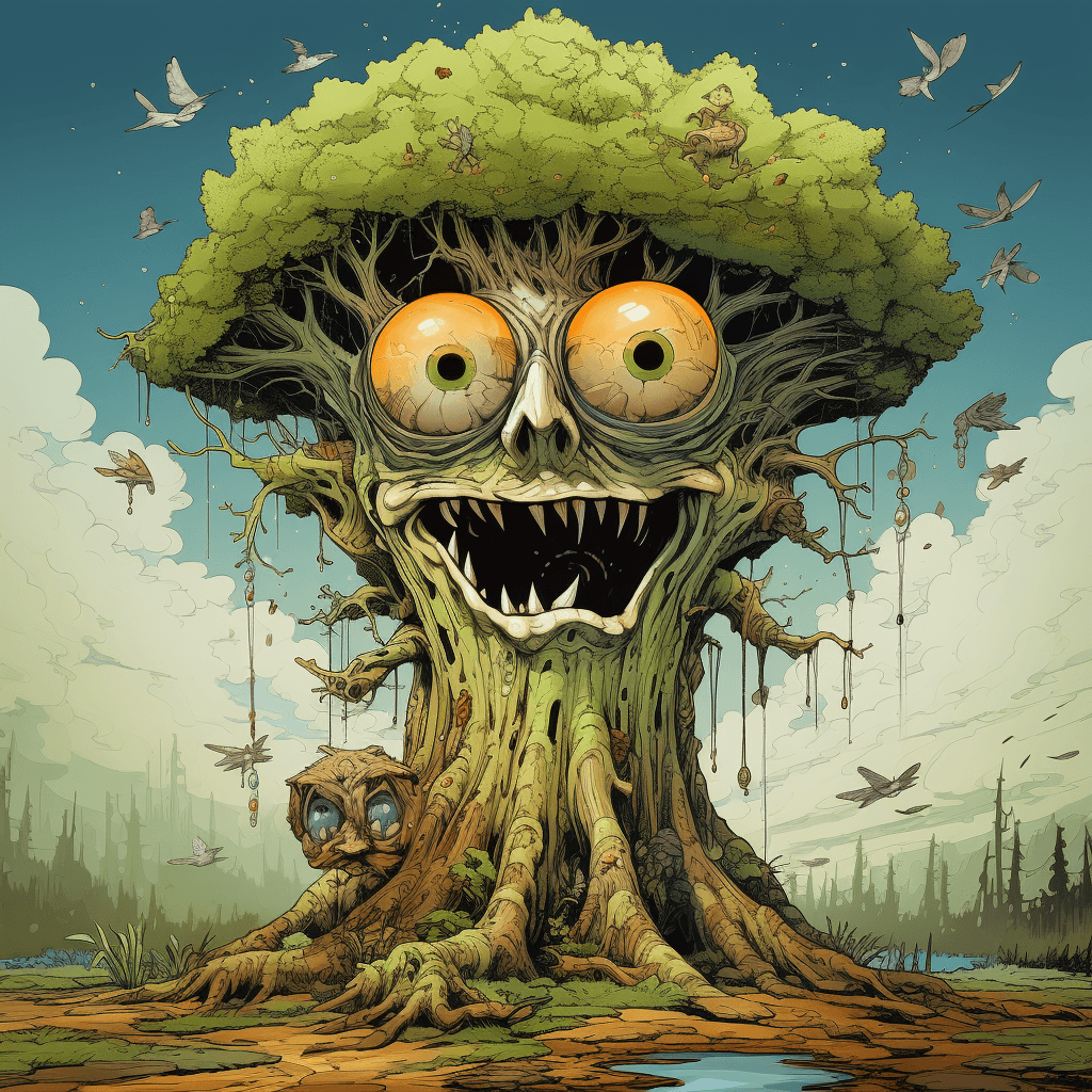 AI generated: cartoon of a funny fir tree with eyes, emphasis in facial expression, character caricatures, moss in...