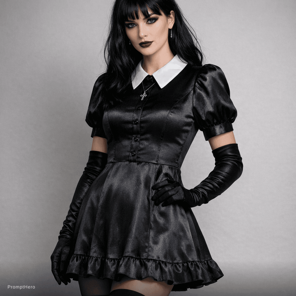 AI generated: She wears a dark, possibly satin or velvet, dress with a collared goth dress. The fabric has a subtl...