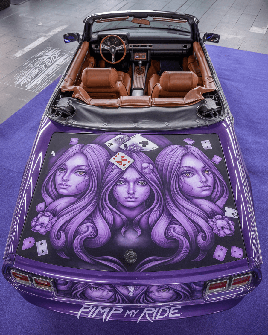 AI generated: The rear Ariel drone view side of a purple convertible car. The car's trunk is adorned with intricat...