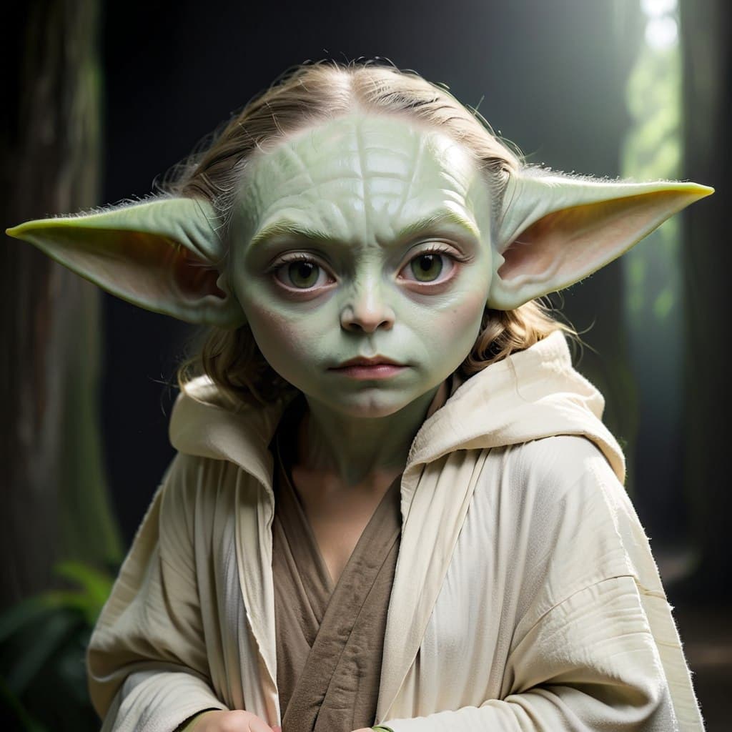 AI generated: epic realistic, female dressed as yoda, star wars, green skin, young girl, caucasian face, (((full b...
