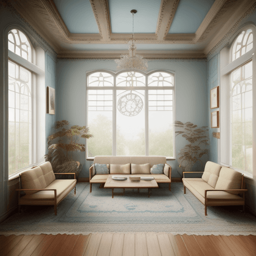 AI generated: High resolution photography interior design, dreamy sunken living room conversation pit, wooden floo...