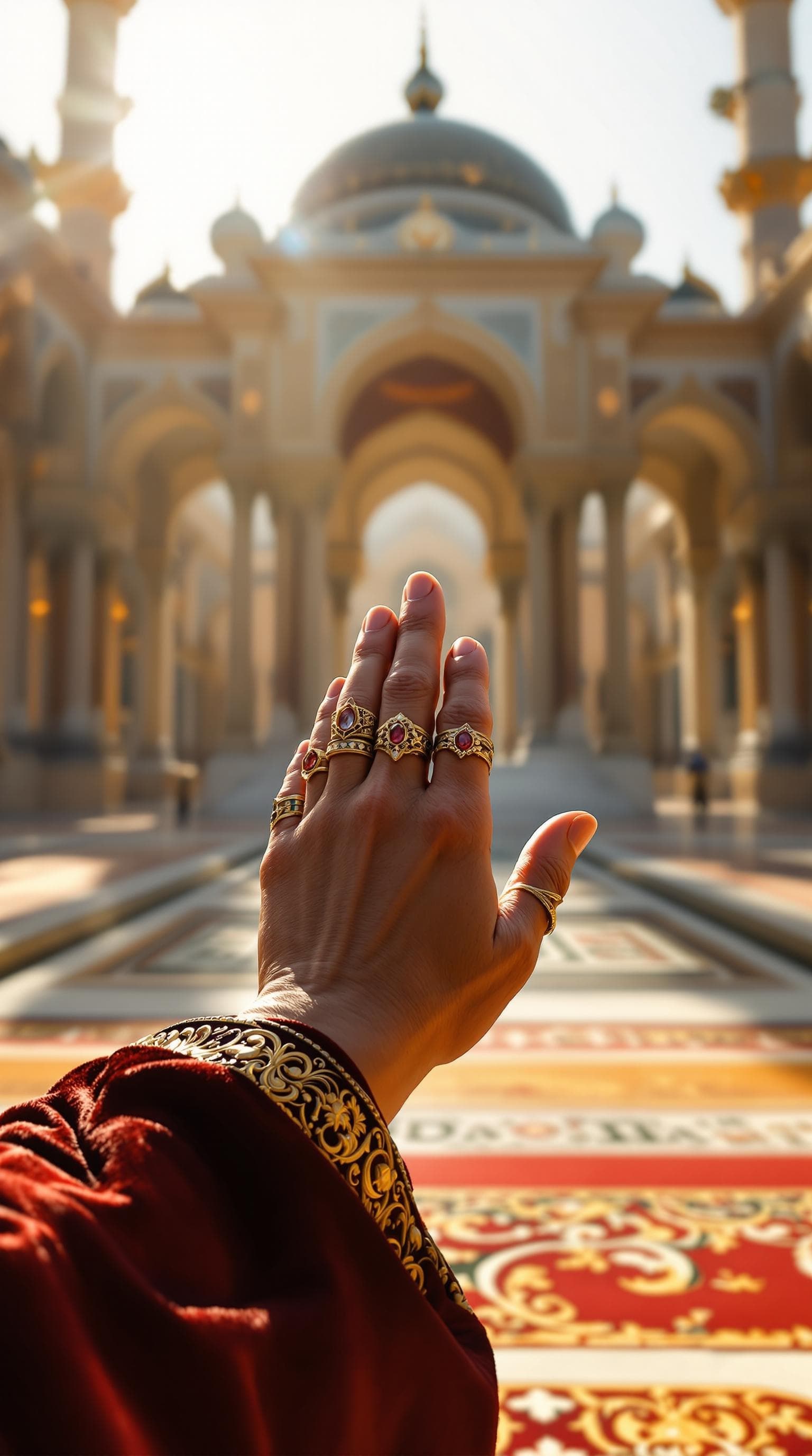 AI generated: First person POV, the Sultan’s hands, adorned with a series of intricate Ottoman rings, are clasped ...