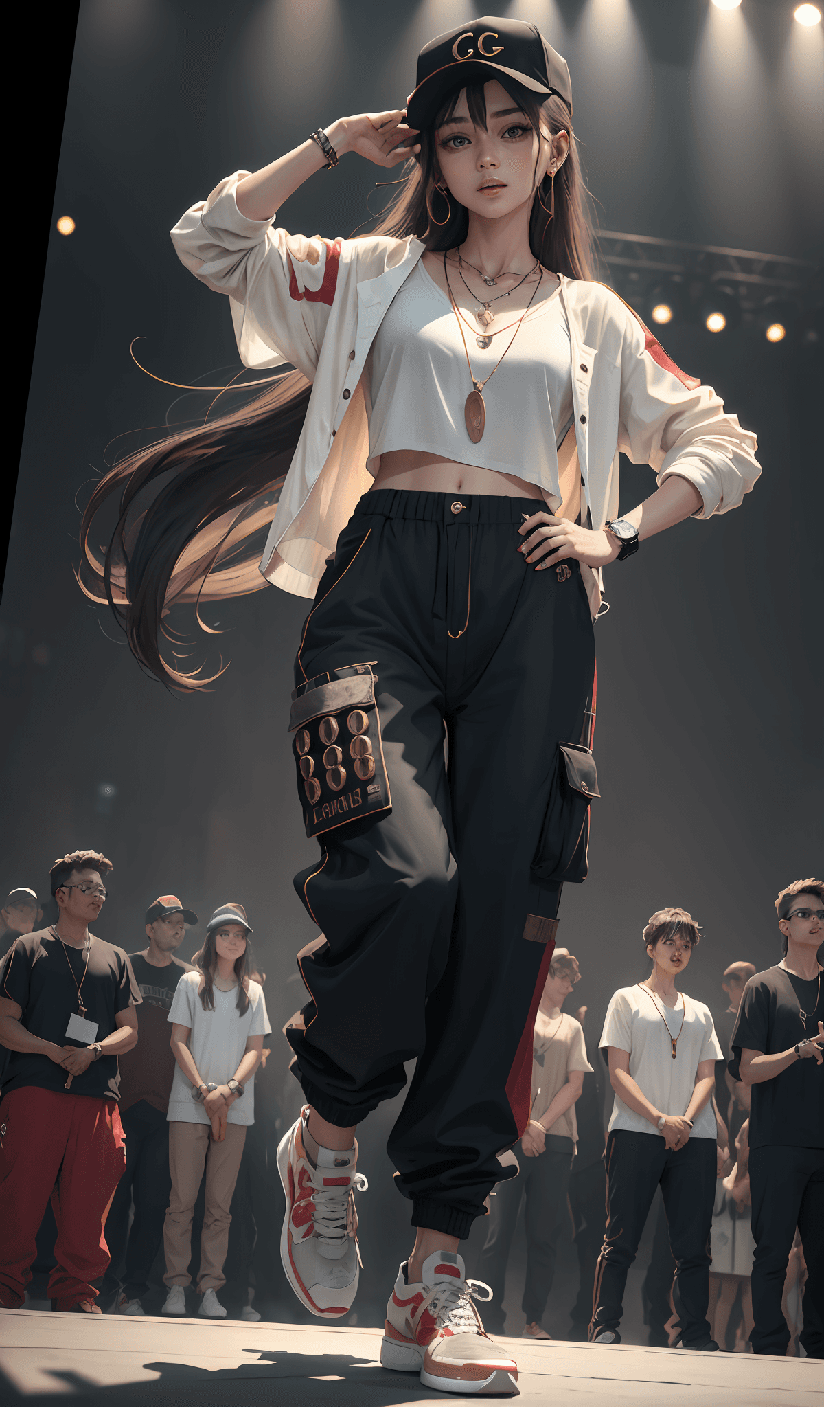 AI generated: 4k, realistic, carismatic, very detail, there is a girl on a big stage, baggy pants, she is a dancer...