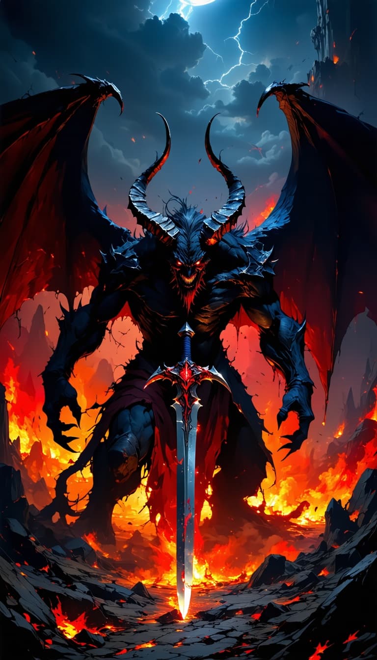 AI generated: erotic demon,very angry ,glowing eyes,with a sword,in hell,wings