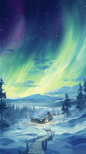 AI generated: Wallpaper, a mesmerizing Aurora Borealis over a breathtaking snow-covered landscape, by the renowned...