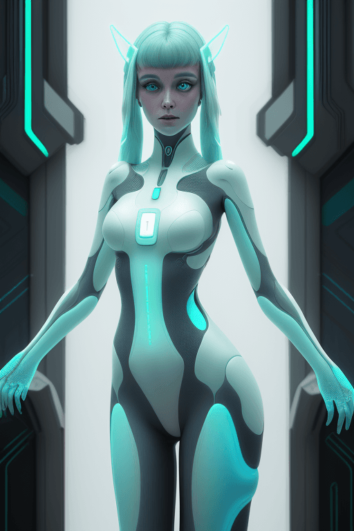 AI generated: a woman in futuristic dress is posing in front of a neon light, in the style of realistic hyper-deta...