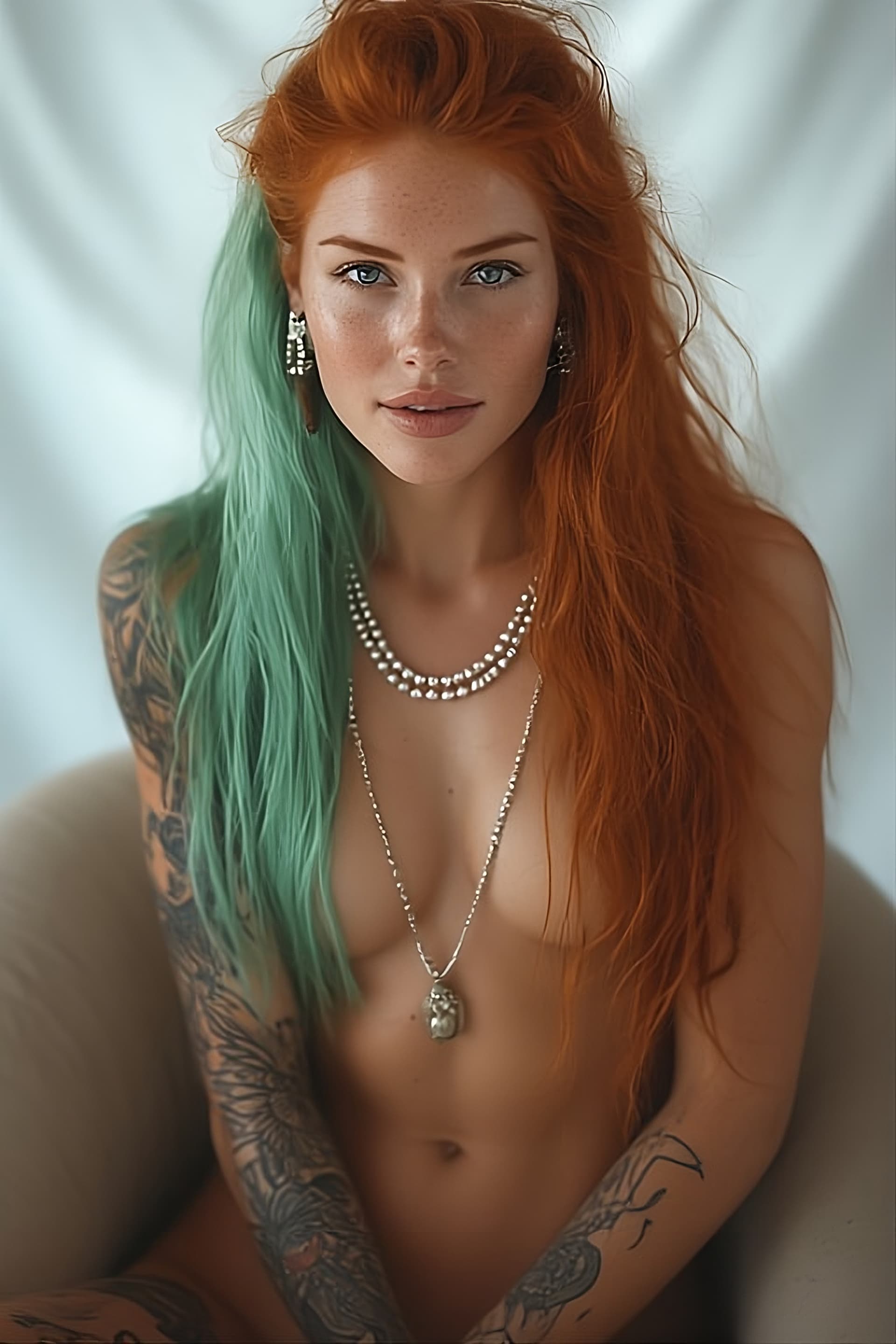 AI generated: A striking woman with vibrant hair and intricate tattoos poses with confidence and serenity. a fair-...