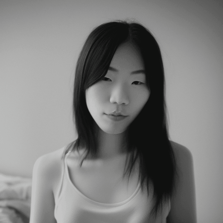 AI generated: Her name is Memiko, a half-Japanese, half-Thai Asian girl, aged 20. She sits on the bed gracefully, ...