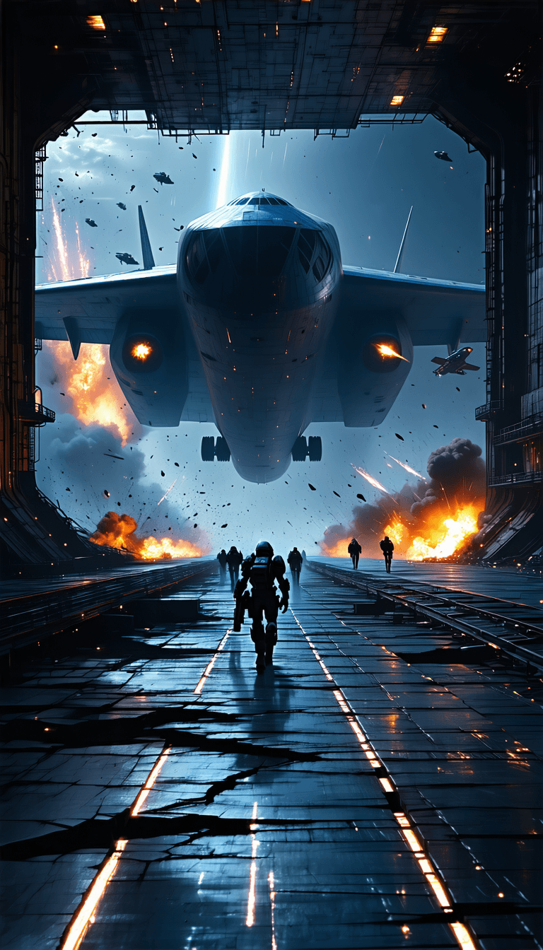 AI generated: A narrow, cracked catwalk stretches toward a distant space hangar, suspended over the nothingness of...
