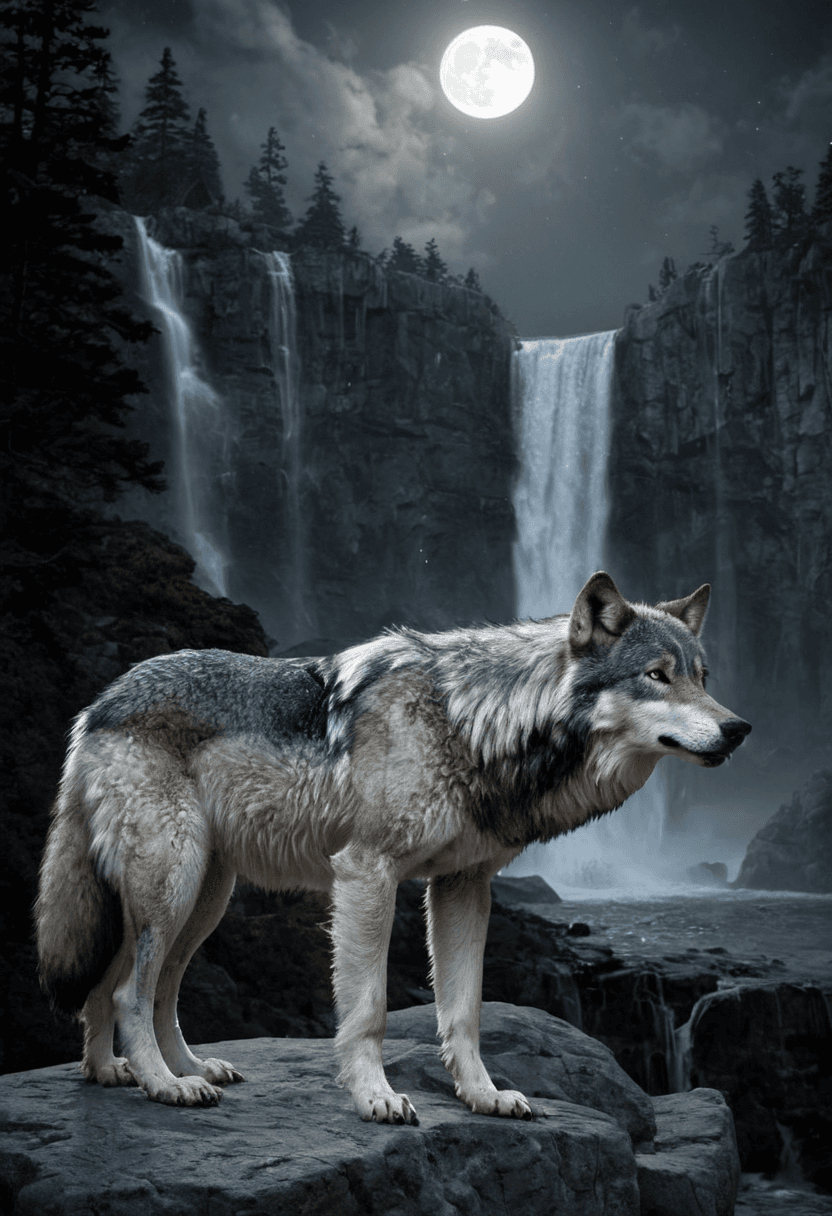 AI generated: realistic,highres,a massive wolf standing on a cliffside, the moonlight accentuating the wolves fur,...