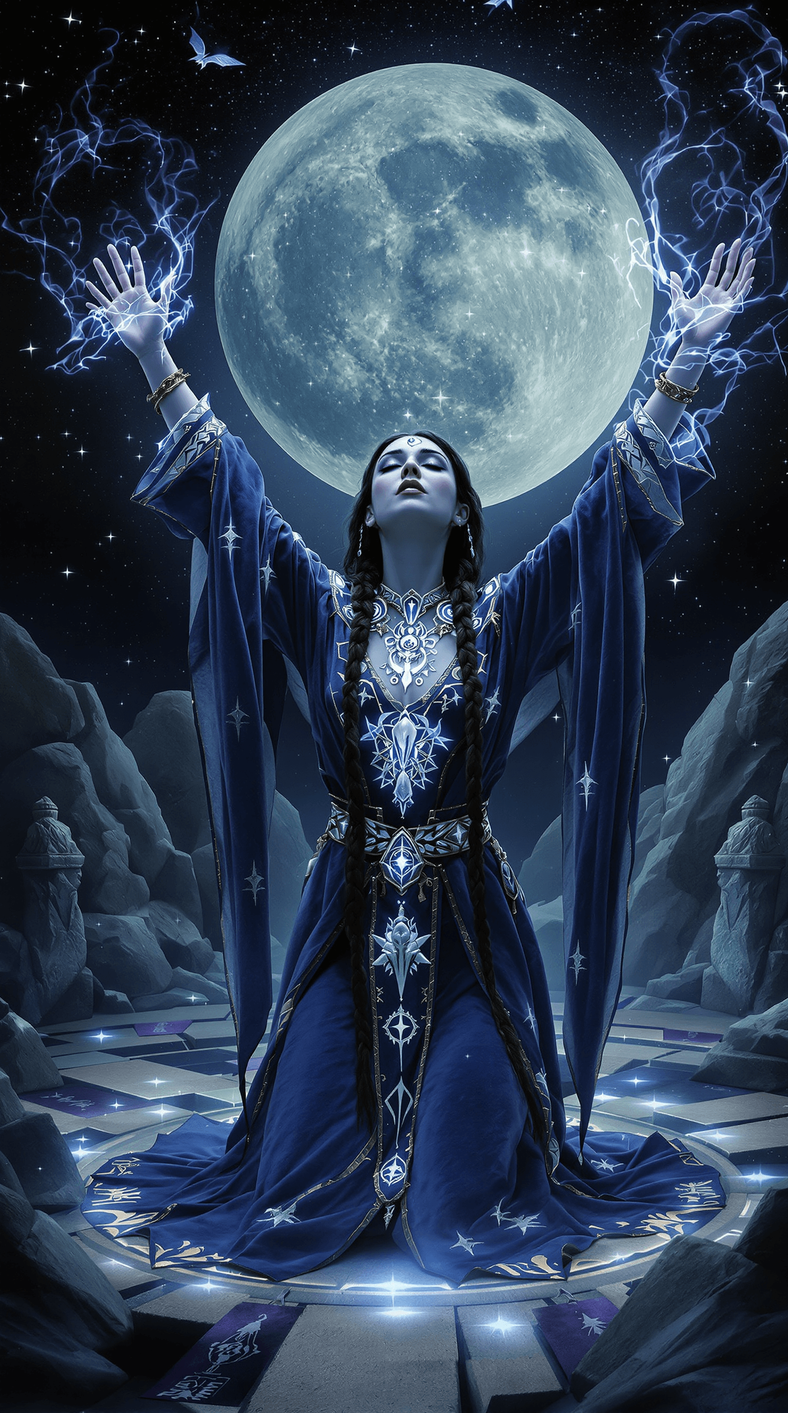 AI generated:     Overall Scene: A witch is performing a complex ritual within an ancient stone circle under a ful...