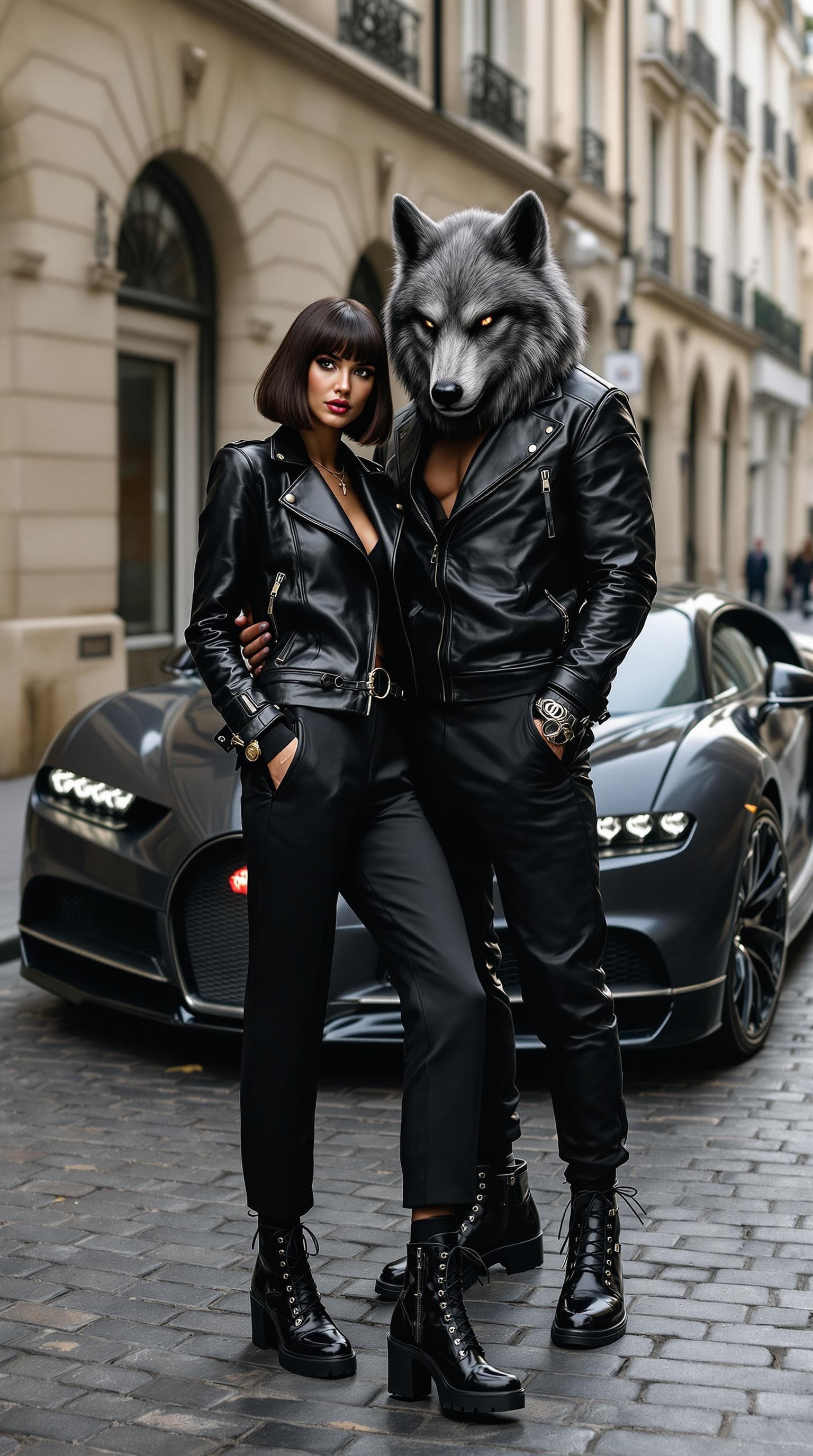 AI generated: A chic woman with a bob haircut, dressed in a Saint Laurent leather jacket, high-waisted black slack...