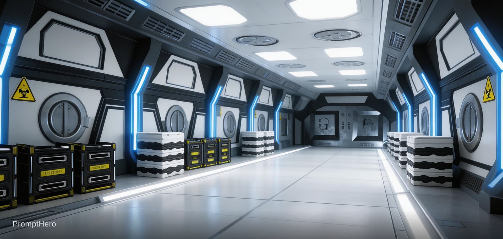AI generated: Sci-Fi scene. Combine elements of these three reference images. Wall shape and composition, floor li...