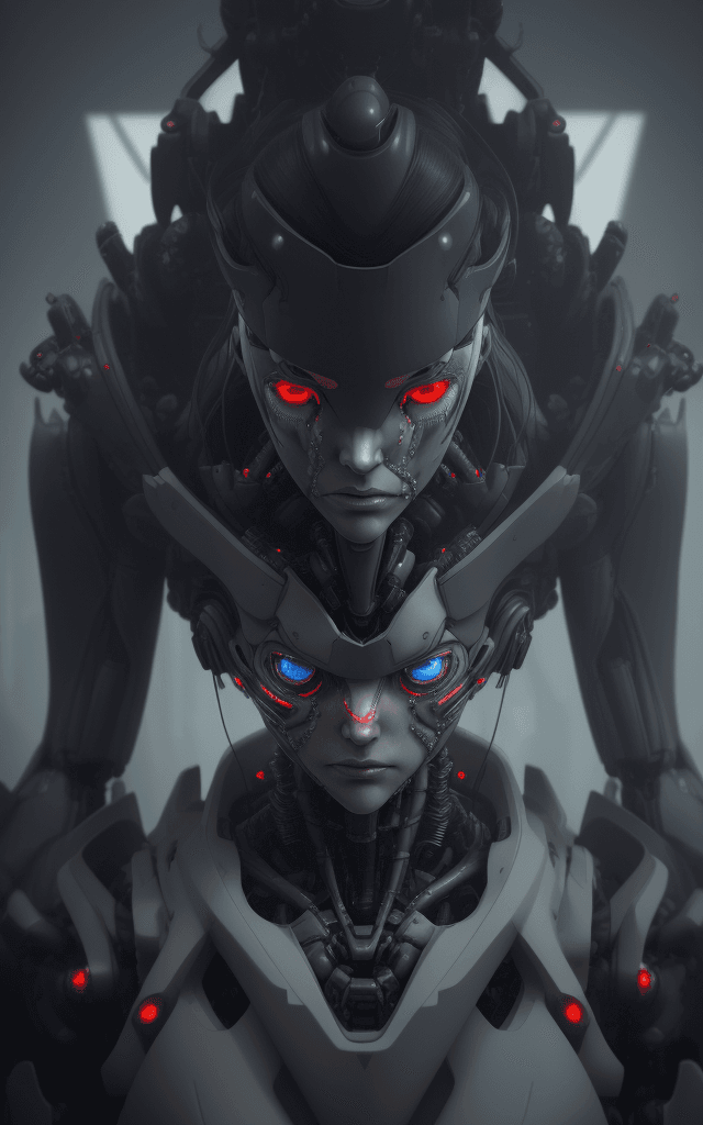 AI generated: 3d rendering, close-up, hyper detail front shot, focus to face, strange face with complex system equ...