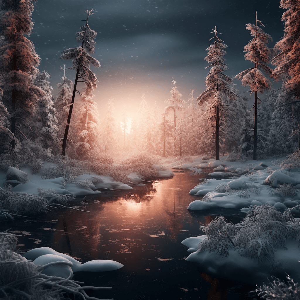 AI generated:  small lake surrounded by a frozen taiga forest, snow on the trees, winter, complex details, masterp...