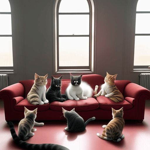 AI generated: draw a picture of three cats lying on the sofa, in high quality and brightness. one cat is red with ...